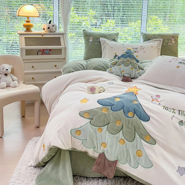 White Star Christmas Tree Embroidered Lucky Child Kids Duvet Cover Set, Velvet Soft Bedding Set